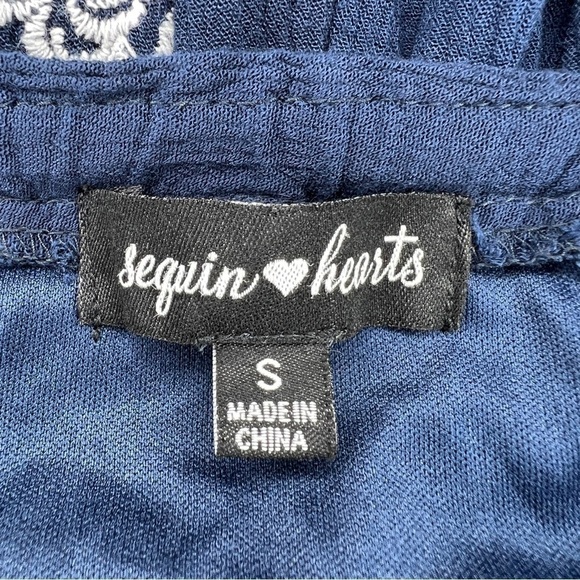 Small Dark Blue White Embroidered Floral Peasant Boho Dress Cold Shoulder - Picture 11 of 13